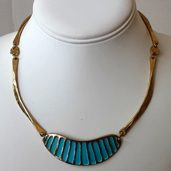 ANNE DICK Brutalist Bronze Bean Tiffany Blue Painted Inlay Necklace 16